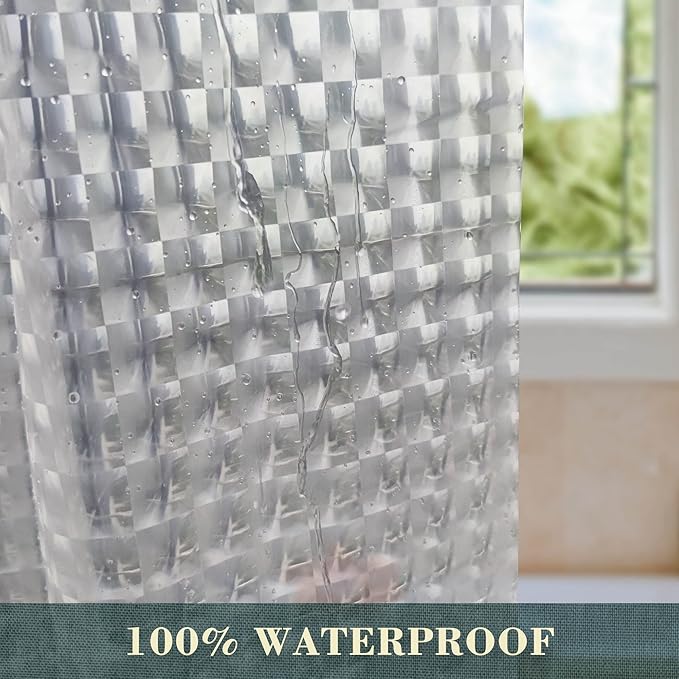 No Hook Shower Curtain or Liner - 8G Heavy Duty Grid Bathroom Shower Curtain No Hooks Required, Waterproof Plastic & PVC Free, Standard Size 71 x 74, Square