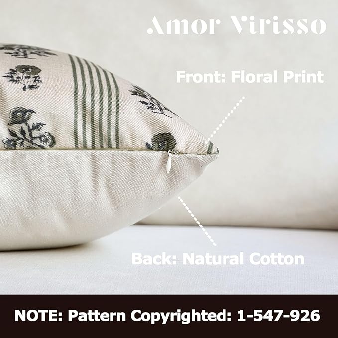 Amor Virisso Floral Throw Pillow Covers 12 x 20 Set of 2 Block Print Pillow Covers Neutral Floral Striped Farmhouse Decorative Pillow Covers for Sofa Couch Bed, Dusty Green