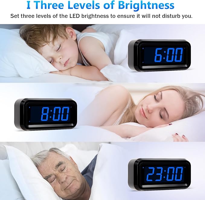 Digital Alarm Clock Battery Operated with LED Display for Bedrooms, Long Battery Life, 3 Brightness Adjustable, 12/24 Hour, Snooze, Black Case with Blue Digits