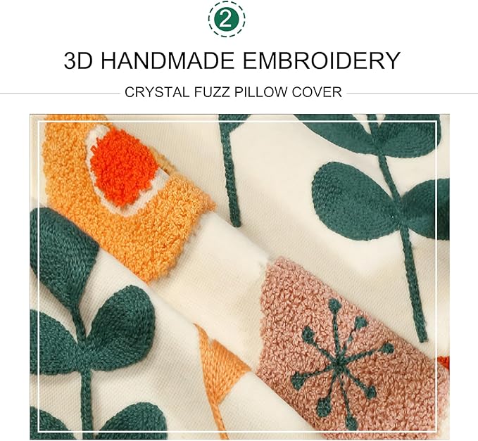 Embroidered Throw Pillow Cover 18x18 Inch,Cotton Canvas Floral Pillow Case, Daisy Wildflower Leaf Boho Farmhouse Decorative Cushion Square for Sofa Bedroom Living Room Outdoor Couch Farmhouse (A003)