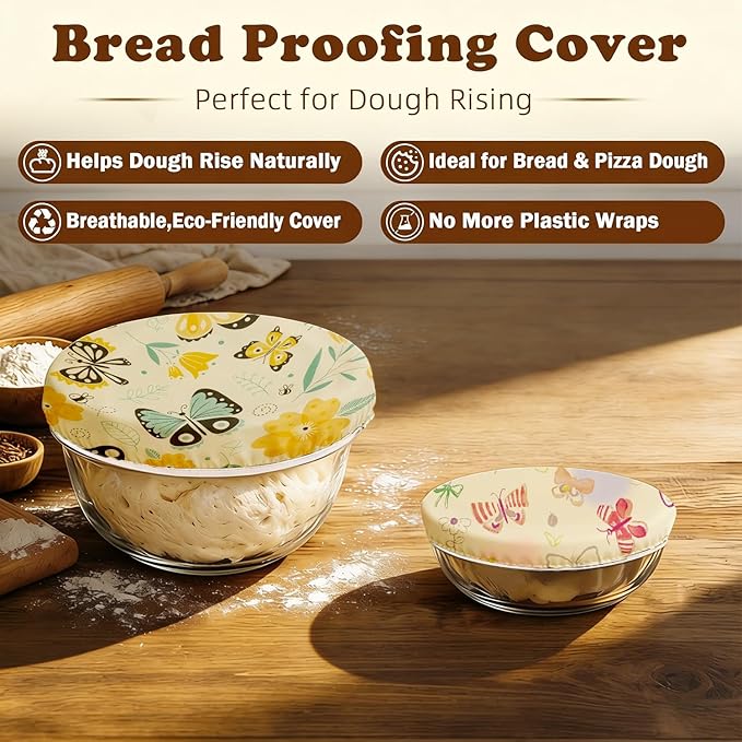 Reusable Beeswax Bowl Covers for Bread Proofing & Food Storage, Eco-Friendly Organic Cotton & Natural Wax & Resin, for Baking, Picnic, Pet Food, Sustainable Kitchen (Butterfly001, 2*12''+2*10''+2*8'')