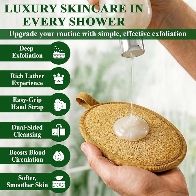 Natural Egyptian Loofah Body Scrubber (Pack of 2) – Dual-Sided Bath Sponge with Terry Cloth, Gentle Exfoliating Shower Loofah for Women & Men, Soft Body Wash Pad for Smooth Skin