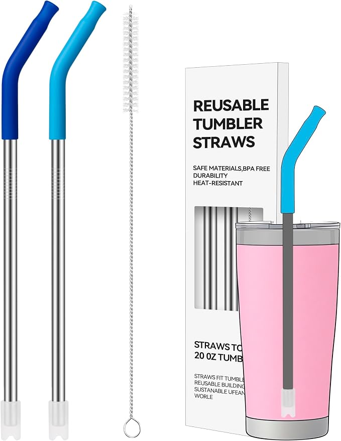 2 PCS 20 oz Straight Metal Straws with Silicone Tip for Tumbler | Long Drinking Replacement Straw for YETI, STANLEY, US Acrylio, BJPKPK, Simple Modern and so on