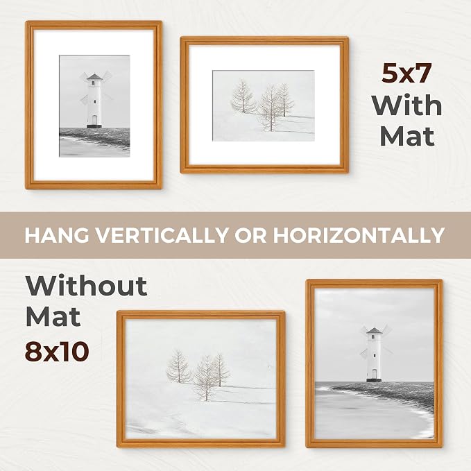 8x10 Picture Frame with Mat for 5x7, USA-Sourced Natural Teak Wood Handcrafted Rounded Corner with HD Tempered Glass, 8 x 10 Photo Frames Gallery Wall & Tabletop, Vertical or Horizontal Display