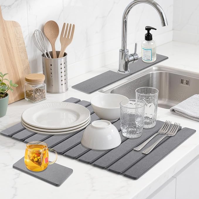 Diatomaceous Stone Drying Mat for Kitchen Counter with Sink Faucet Mat, Gray Absorbent Quick Dry Dish Drying Mat Set, Diatomite Stone Slat Countertop Pad for Dishes, Cups