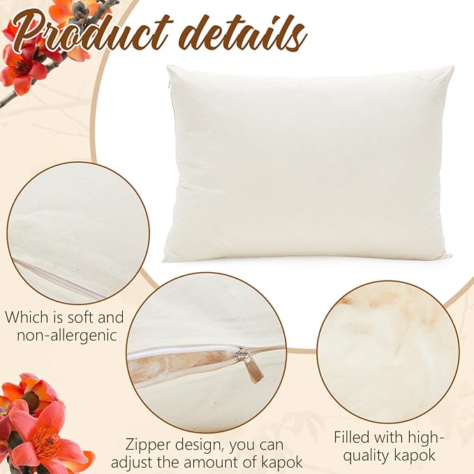 Leinuosen 2 Pack Organic Kapok Pillow 26" x 20" Natural Kapok Fiber Filled Sleeping Pillows with Breathable Cotton, Adjustable Height Soft and Supportive for Sleeping(Classic)