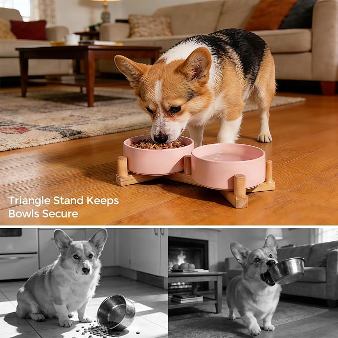 Ceramic Dog Bowls for Small Size Dogs, Cat Food and Water Bowl Set with 15° Adjustable Wood Stand, Raised Non-Slip Pet Bowls, Dual Feeder for Cats & Small Dogs, Matte Glaze 13.5oz Set of 2(Soft Pink)