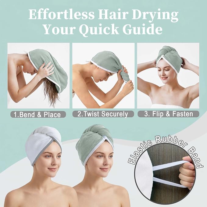 VOOVA & MOVAS Light Gray & White Microfiber Hair Towel, 2Pcs Button-Free Elastic Loop Hair Turban, Ultra Soft Quick Dry Hair Wrap, Highly Absorbent Anti Frizz Towel