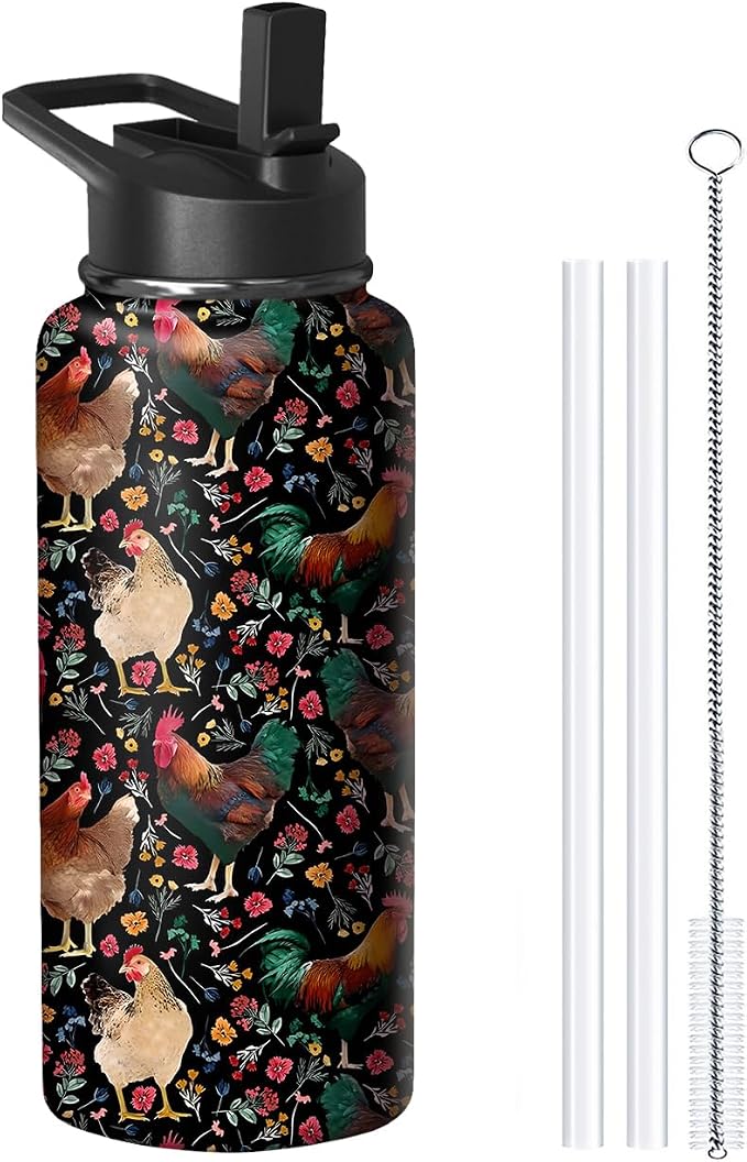 32oz Chicken Water Bottle with Handle and Flip Straw, Animal Sports Stainless Steel Insulated Cup Travel Coffee Mug Tumbler, Birthday Mothers Day Chritmas Gifts for Women
