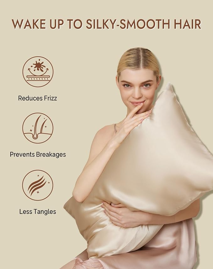 SilkSilky 100% Mulberry Silk Pillowcase - Pure 22 Momme High-Grade 6A Fibers for Hair & Skin, Hidden Zipper, Natural, Organic, Breathable & Cooling Pillow Case (Standard 20''x26'', Beige)