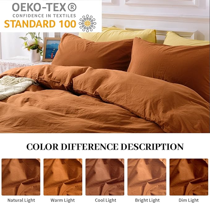 NEXHOME PRO Duvet Cover Set 100% Washed Cotton California King 104"x98", Organic Natural Linen Look Textured 3 Pieces Bedding Set Terracotta Burnt Orange with Zipper Closure, Soft(No Comforter)