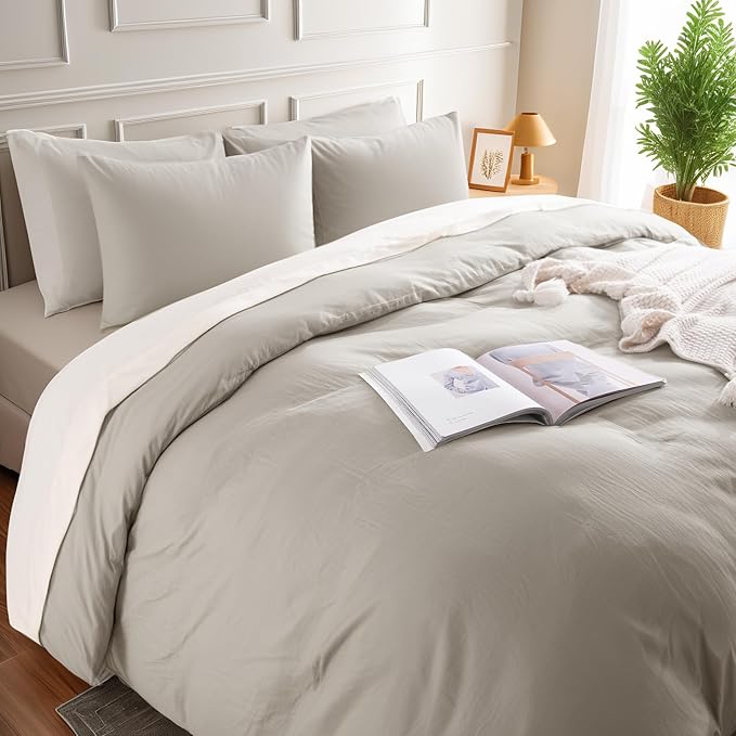 NEXHOME PRO Duvet Cover Full Size, 100% Washed Cotton Orgnic Linen Like Textured Breathable Durable Comfy, Cream Grey