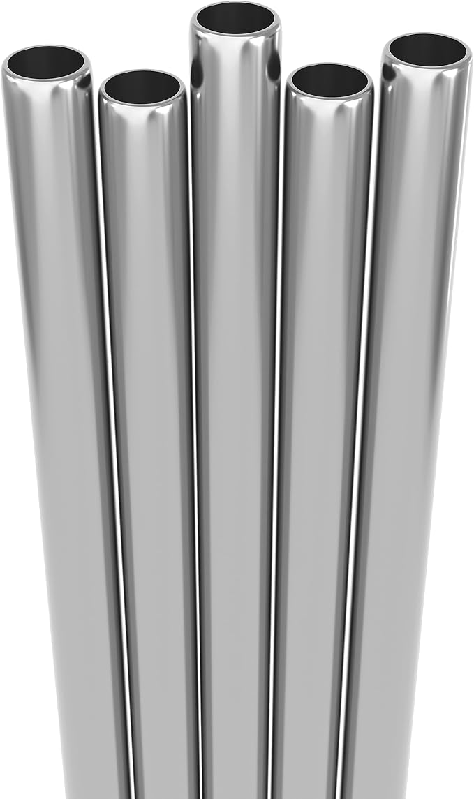 Fiesta First 5 Short Stainless Steel Straws with Cleaning Brush. 6.3" Long Metal Cocktail Straws Reusable, 12-14 oz Tumblers, Kids Smoothies, Shakes - Dishwasher Safe Hard Drinking Straws. SILVER