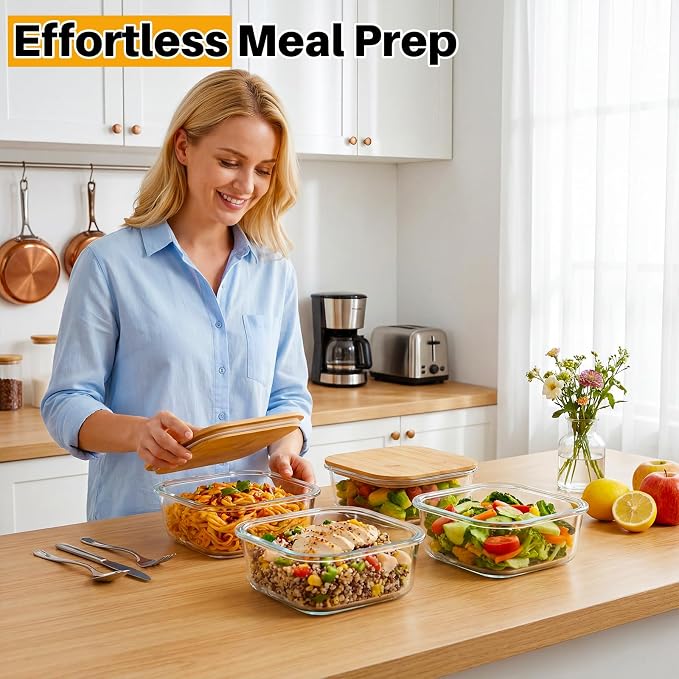 Blushtier 4 Pack 41 oz Borosilicate Glass Food Containers with Bamboo Lids, Stackable Glass Bowls for Meal Prep & Lunch, Microwave, Freezer and Dishwasher Safe
