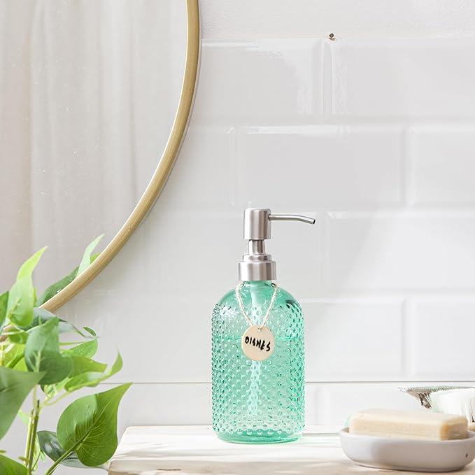 HBlife 2 Pack 16 Oz Glass Soap Dispenser with Stainless Steel Pump, Kitchen Bathroom Refillable Lotion Dispenser (Green)