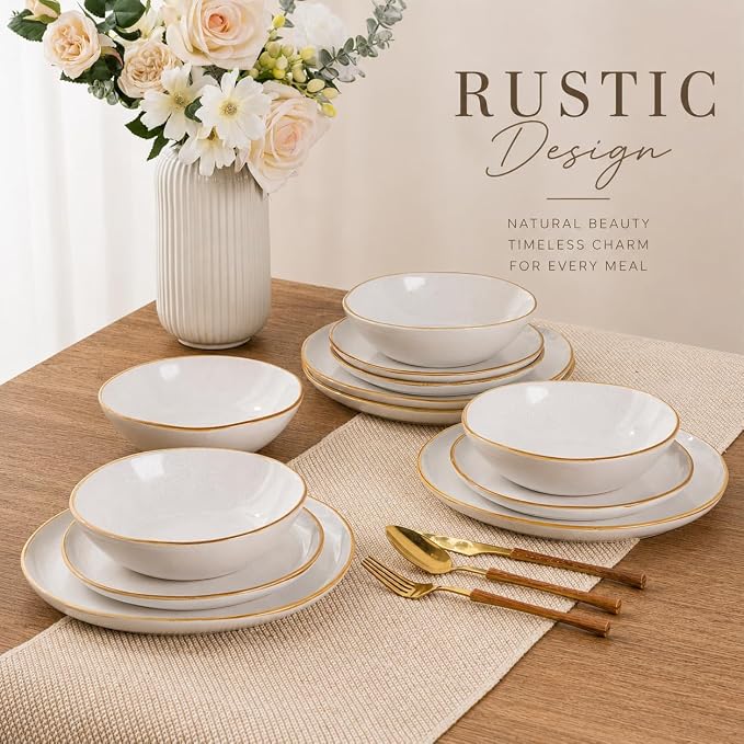 AmorArc Ceramic Dinnerware Sets,Handmade Reactive Glaze Stoneware Plates and Bowls Sets,Highly Scratch Resistant | Dishwasher & Microwave Safe Dishes Set,Service for 4 (12pc)