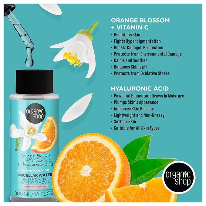 Organic Shop Micellar Water with Hyaluronic Acid & Vitamin C, Pure No-Rinse, Natural Hydrating Facial Cleanser - Organic Makeup Remover, For All Skin Types, Vegan, Cruelty Free. 300 ml