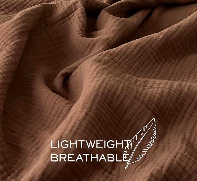 KyraHome 100% Organic Cotton Throw Blankets for Couch, 50" x60“, Pre-Washed Breathable Lightweight Gauze Muslin Blankets for Adults, Napping, Picnic, All-Season, Brown