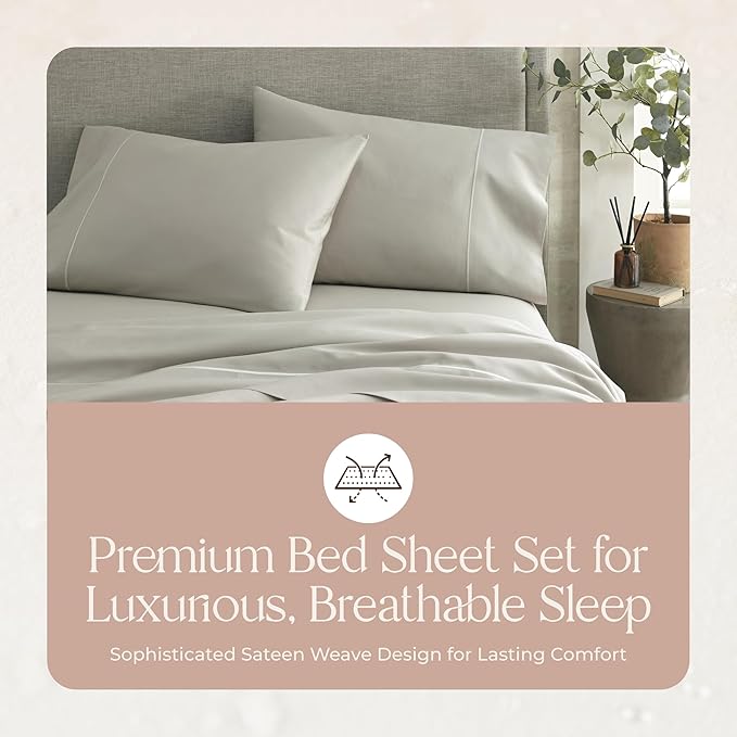 100% Organic Cotton Sheets Full Size - GOTS Certified Organic Bed Sheets with Deep Pocket 300 Thread Count & Cozy Sateen Weave Gets Softer with Each Wash - Luxury 4 Piece Set (Pewter, Full)