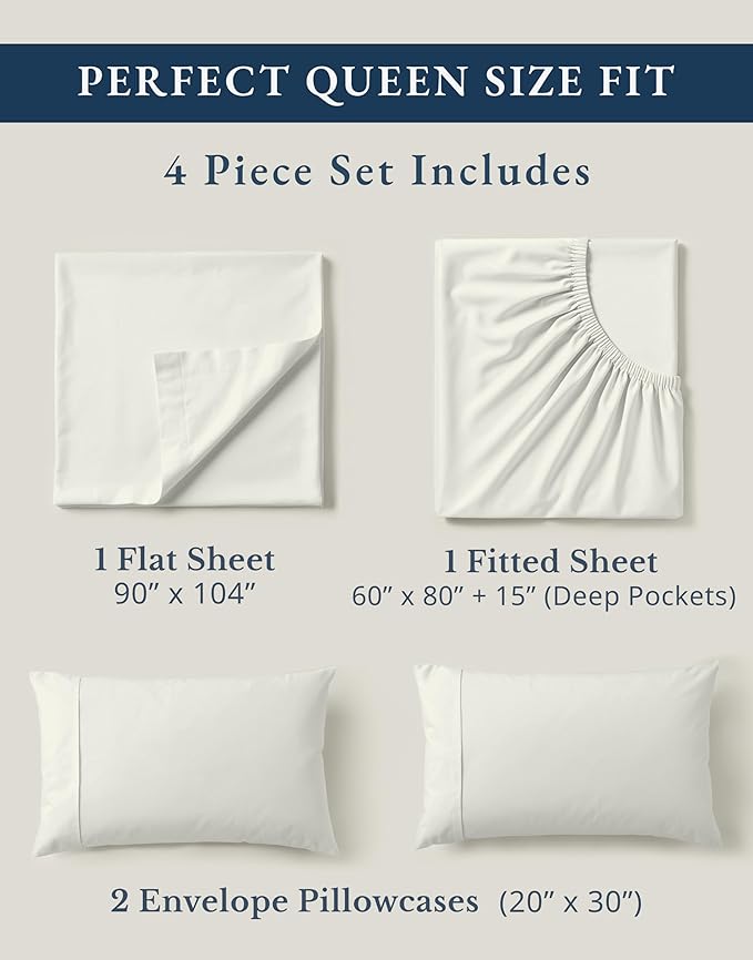 LANE LINEN 100% Organic Cotton Queen Sheet Set, 4Pc Cotton Sheets Queen Size Bed Set, Soft Percale Weave, Deep Pocket Queen Sheets, Hotel-Quality Bed Sheets Queen Size - Glacier Grey