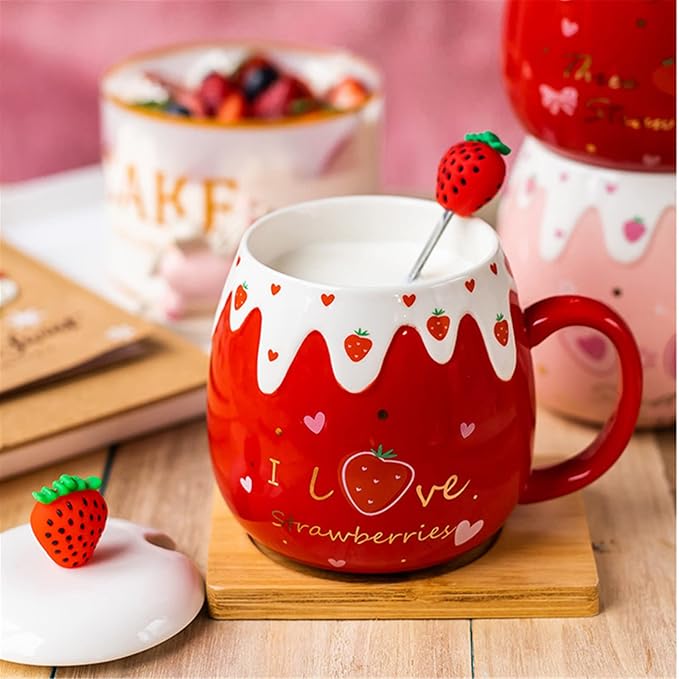 Coffee Mug Cups Ceramic Tea Cup Fruits Strawberry Shaped Handmade Cute Mugs With Lid Spoon Handle Office Home Hot Ice Chocolate Milk Mugs Gift Microwave Dishwasher Safe Travel Mugs (Strawberry)