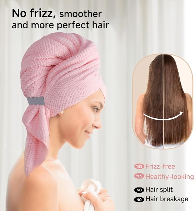 Microfiber Hair Wrap Towel for Women, Quick-Dry & Absorbent (2 Pack, Pink) | Absorbs water fast and reduces frizz, fits long and curly hair, soft, lightweight, secure elastic loop keeps wrap in place