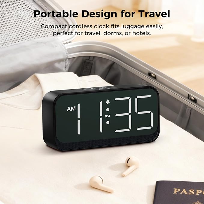 Acedeck Battery Operated Digital Clock: Cordless Small Alarm Clock for Bedroom Travel - Large Numbers 4 Dimmers for All Ages White Digits