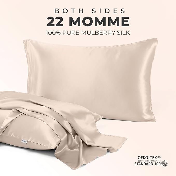 100% Pure Mulberry Silk Pillowcase for Hair and Skin, 6A Grade 22 Momme Silk Pillow Cases with Zipper, Soft Cooling Washable Both Sided Silk Pillow Cover (Beige, Queen 20''x30'')