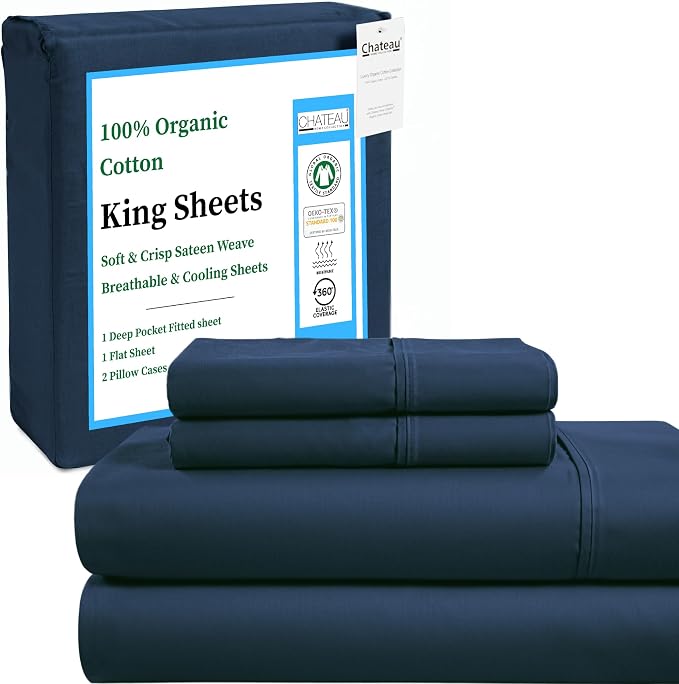 CHATEAU HOME COLLECTION 100% Organic Cotton King Sheets Deep Pocket - 300 TC GOTS Certified King Size Sheets Set Cotton, Soft Breathable Naturally Cool Low Pill Bedsheets- Navy