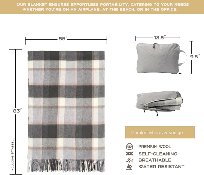 Woolly Throw Pure Wool Blanket - Large 55x83 inches, 1.5 lbs,Wool Fringed Knee Throw Blanket for Couch Bed Outdoor Travel,Soft Lightweight Breathable Blanket for All Season,Beige Check