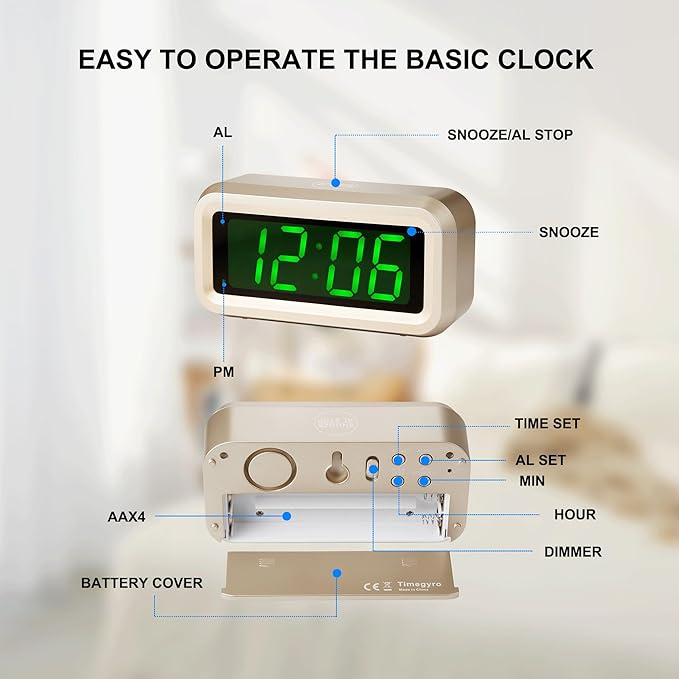 Digital Alarm Clock Battery Operated with LED Display for Bedrooms, Long Battery Life for 12 Months, 3 Brightness Adjustable, 12/24 Hour, Snooze, Golden Case with Green Digits