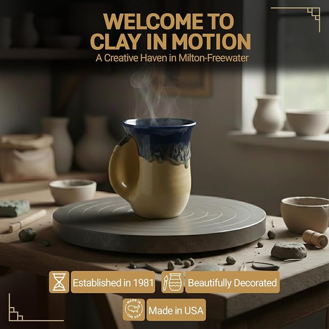 Clay in Motion Hand Warmer Coffee Mug – Handmade Coffee Mug With Comfortable Handle Contoured Pocket Hand Warming Ceramic Coffee Mug – Proudly Made in USA – Left Handed – 14 Oz - Cobalt Canyon