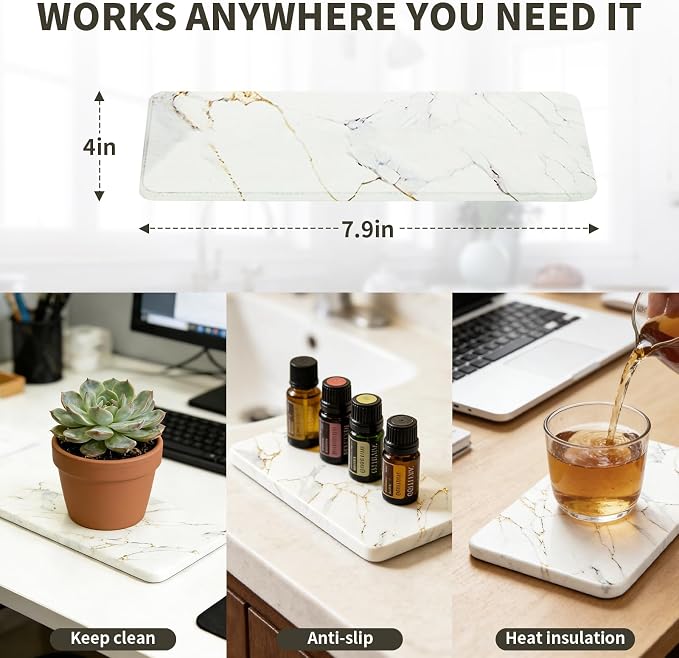 2 PCS White Marble Dish Drying Mat for Kitchen Counter, Diatomaceous Earth Stone Drying Mat, Foldable Quick-Dry Placemat Dishes Cups Utensils, stone drying mat for kitchen counter（20"×14" & 8"x4"）