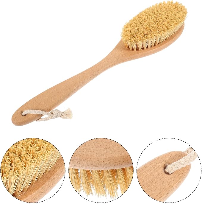Mobestech Back Exfoliating Brush with Stiff Plant Bristles, Long Handle Bath Body Scrubber for Shower and Dry Brushing, Natural Beech Wood Back Scrubber for Deep Cleansing