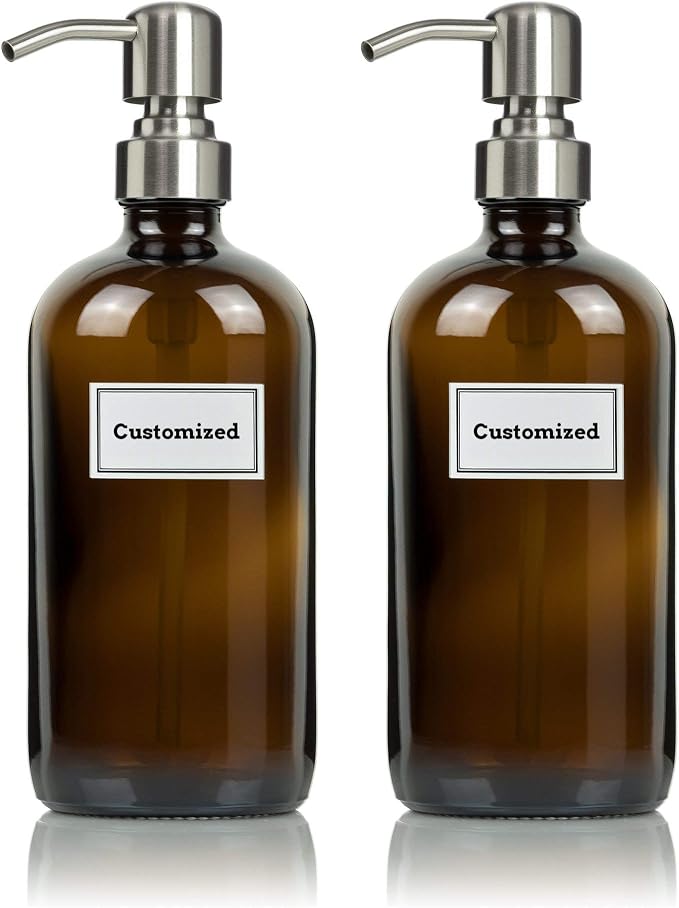 Glass Bottles With Stainless Steel Pumps and Customized Waterproof Labels, 16 oz Boston Round, Amber