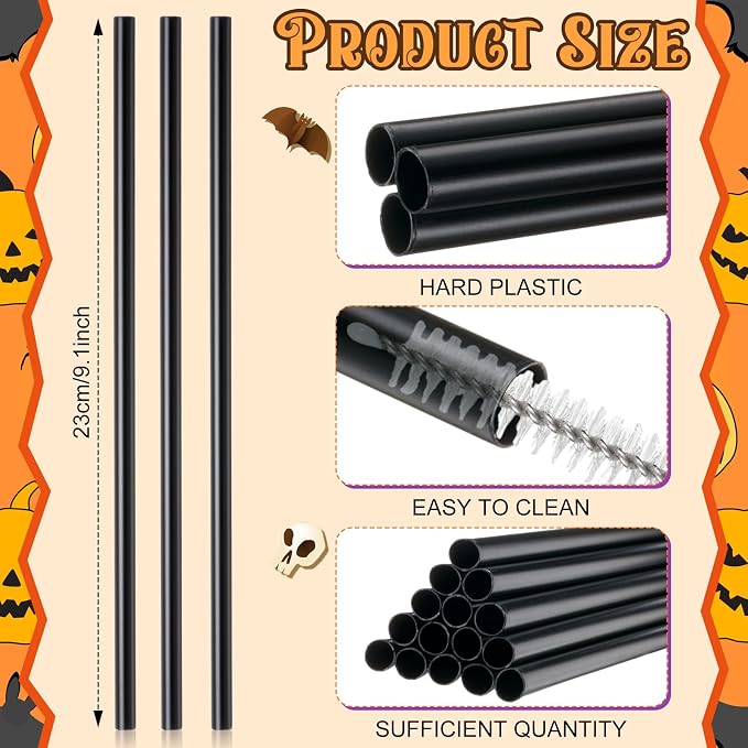 Honeydak 120 Pcs Black Straws Reusable 9" Plastic Straws Black Hard Drinking Tube for Smoothies Beverage Cocktail Home Restaurant Holiday Party Supply