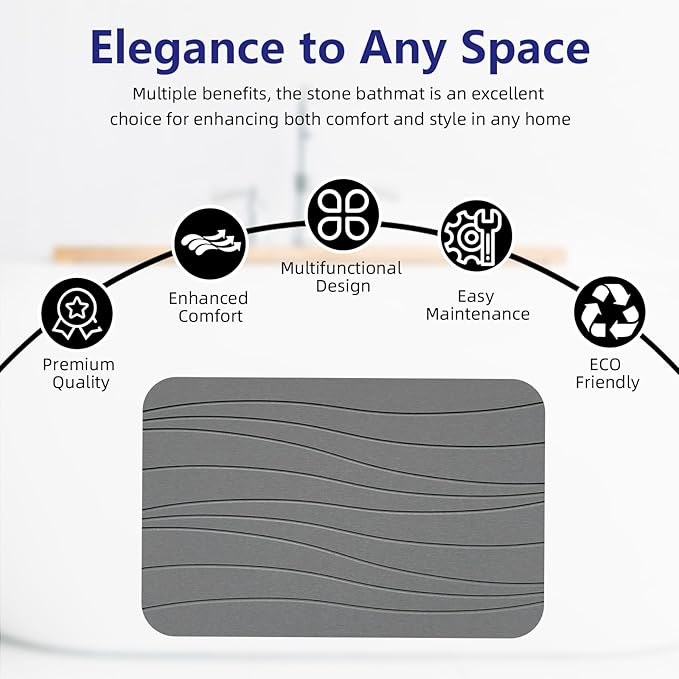 Fast Drying Stone Bath Mats for Bathroom, Non-Slip Diatomaceous Earth Bath Mat, Super Absorbent Bath Mat Stone Dark Gray Wave
