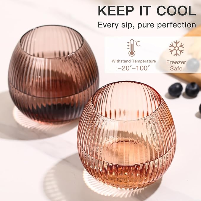 JOVGANK Venus Ribbed Drinking Glasses Set of 6-10.8 OZ Stemless Wine Champagne Whiskey Cocktail Glass, Reusable Wine Cups for Home Party Wedding Bar