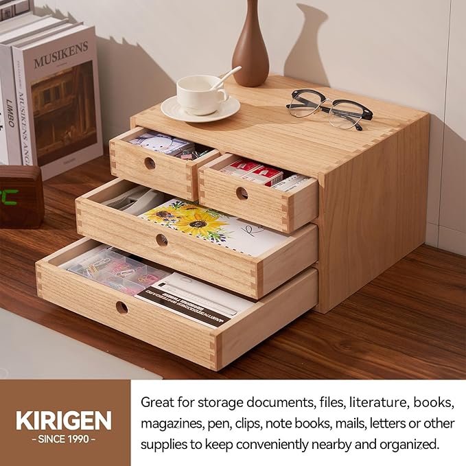 KIRIGEN Wood Desktop Storage Cabinet with 4 Drawers, 3-Tier Desk Organizer for Letter-Size Paper, Mail, Home Office Supplies, Makeup, Crafts, Desk or Countertop, Fully Assembled WJG34-NA