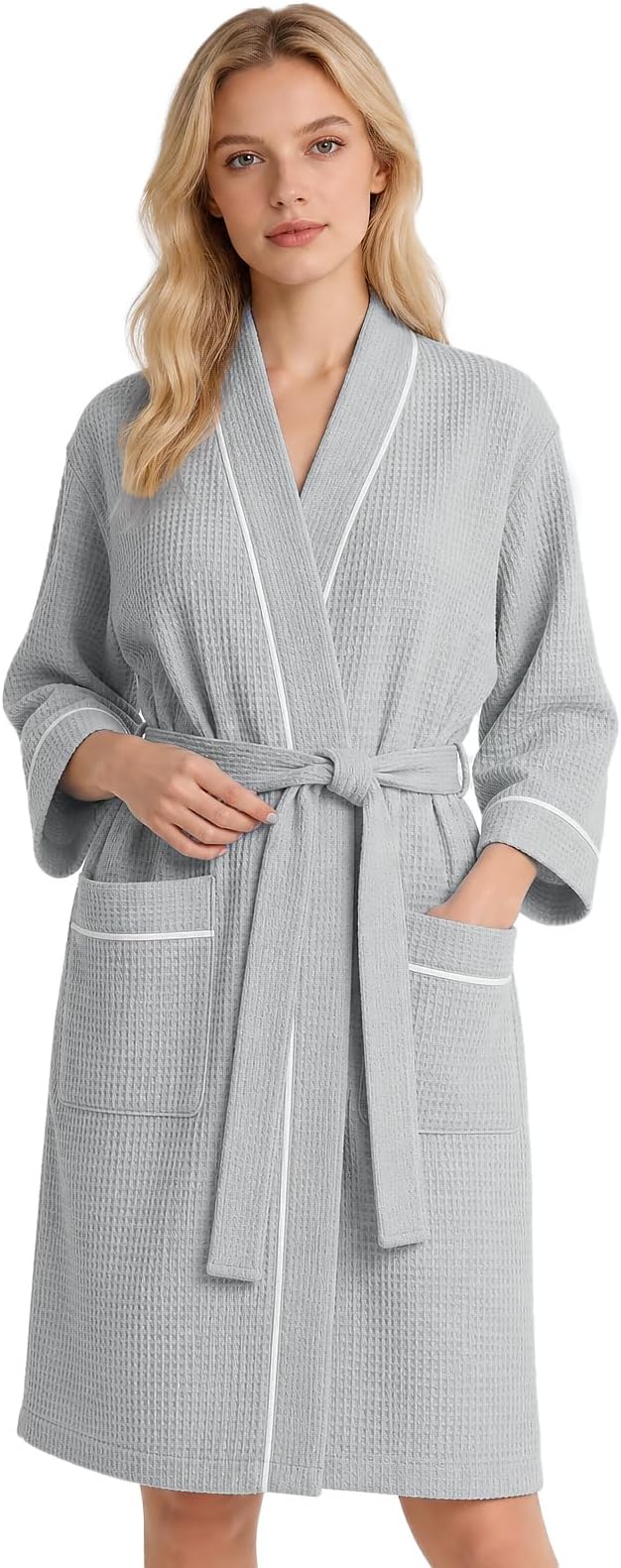 Inner Wish Women's Cotton Waffle Kimono Robe, Lightweight Quick Dry Spa Shower Robe with Pockets