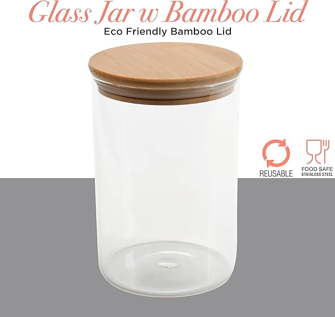 Kitchen Details Round Glass Jar | 1 Liter | Bamboo Airtight Seal Lid | Wide Mouth | Food Storage Canister | Tea or Coffee | Spices | Flour | Sugar | Clear