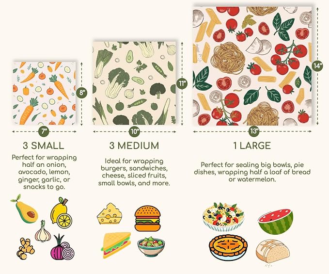 Truebee Reusable Beeswax Food Wraps 7-Pack Italia – Non Toxic, Plastic Free, Silicone Free, Sustainable, Environmentally Friendly, Organic Cotton Beeswax Wraps (S, M, L)