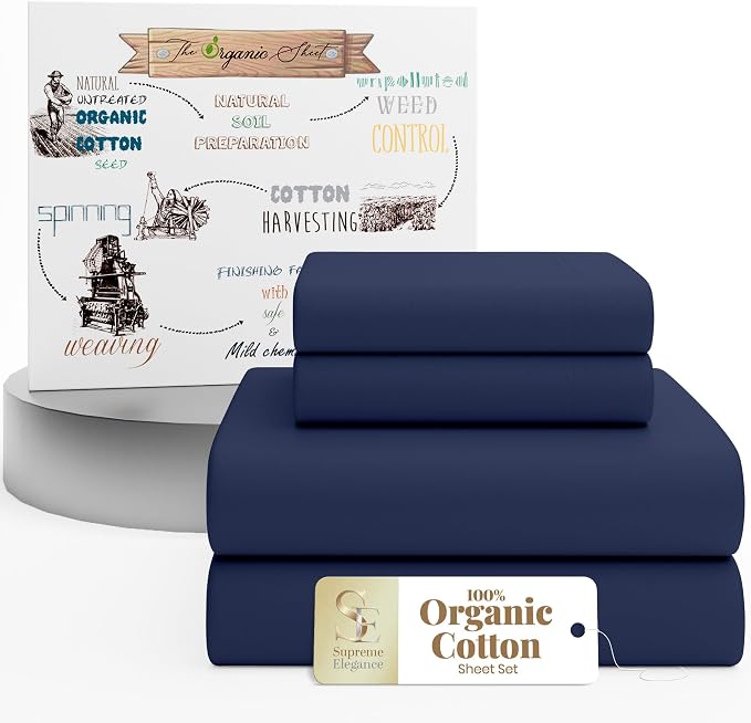 SUPREME ELEGANCE 4Pc 100% Organic Cotton King Size Sheets Set, Dark Blue, Cooling Percale, Deep Pocket Fitted Sheet, Fits 16" Mattresses, Breathable Bed Sheets & Pillowcases, Crisp Bedding