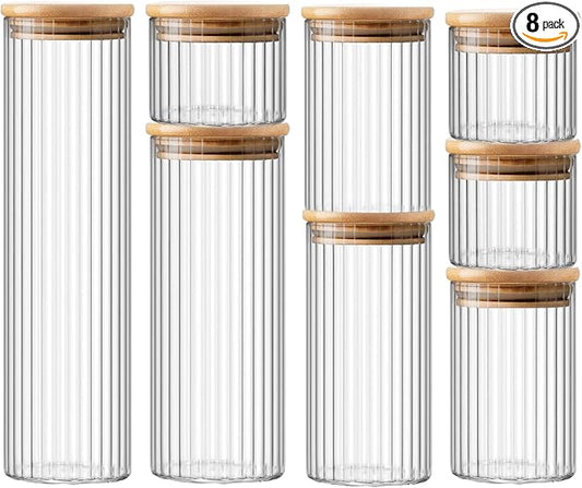 Glass Jars with Lids - Clear Kitchen Food Canisters - Stacable Glass Jars with Bamboo Lids - Airtight Canister Set for Pasta,Spaghetti,Coffee,Beans