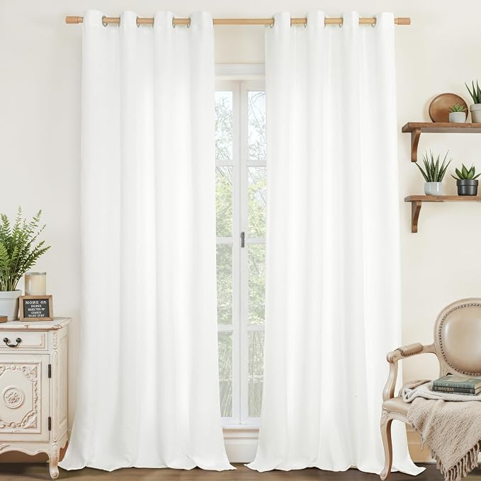 LAMIT Natural White Linen Curtains 95 inch for Bedroom, Grommet Thermal Insulated Thick Curtains Light Filtering Panels for Living Room/Outdoor/French Door, Set of 2 Panels, W52 x L95
