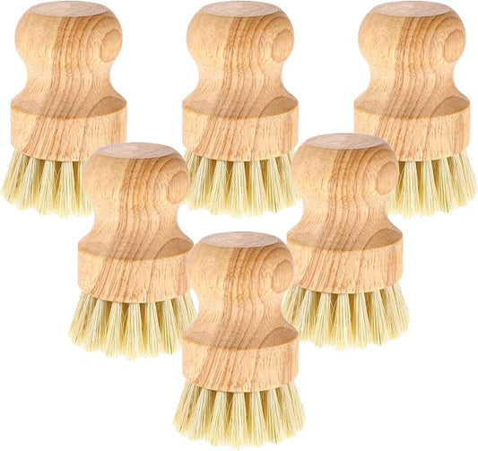 6 Pcs Bamboo Dish Scrub Brushes Wooden Scrubbers Set Kitchen Dishwashing Scrubber with Natural Sisal Bristles for Cast Iron Pots, Pans, Kitchen Sink and Vegetable