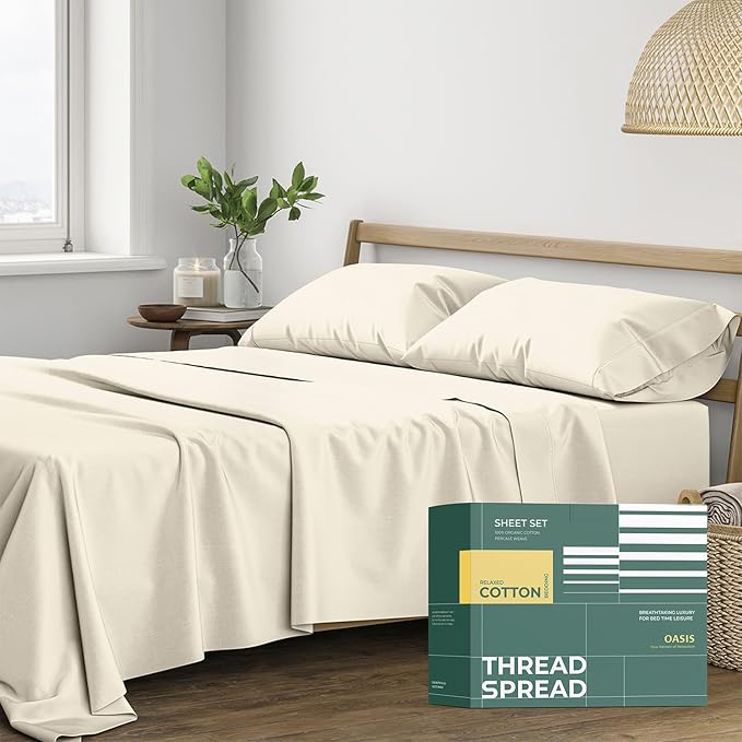 THREAD SPREAD 100% Organic Cotton Sheets King Size - 4 PC Organic Cotton King Percale Size Weave Sheet Set, Soft, Cooling, Crisp & Breathable, 16" Deep Pocket Hotel Quality Bedding Set - Ivory