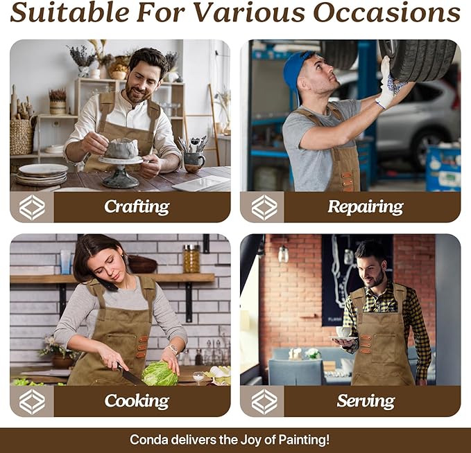 conda Chef Apron, 1 Pack, Cross Back Straps Apron with Pockets for Men Women, Cotton Canvas Adjustable Work Apron for Cooking Pottery Baking Serving