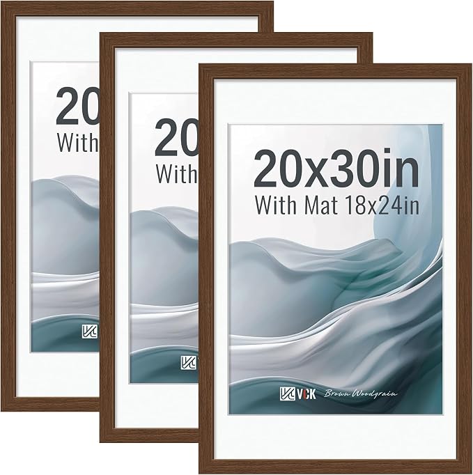 VCK 20x30 Frames Brown 3 Pack, Wide Border Wood, Display 18x24 Picture Photo with Mat or 20 x 30 without, for Home, Office, Gallery, Woodgrain Series, Wall Hanging