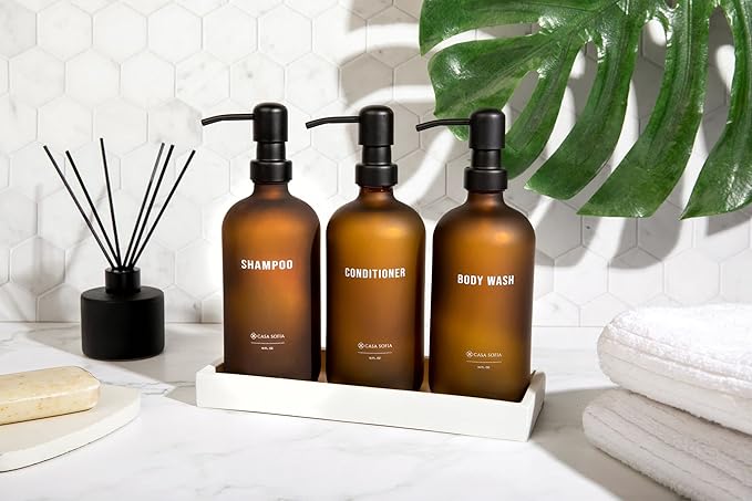 Frosted Amber Glass Shampoo and Conditioner Dispenser Set – Refillable 16 oz Pump Bottles with Concrete Tray – Luxury Bathroom Organization & Modern Shower Soap Dispensers